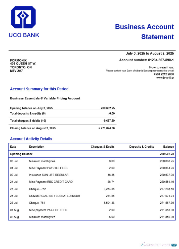 Download UCO Bank company checking account statement Word and PDF format Photoshop template